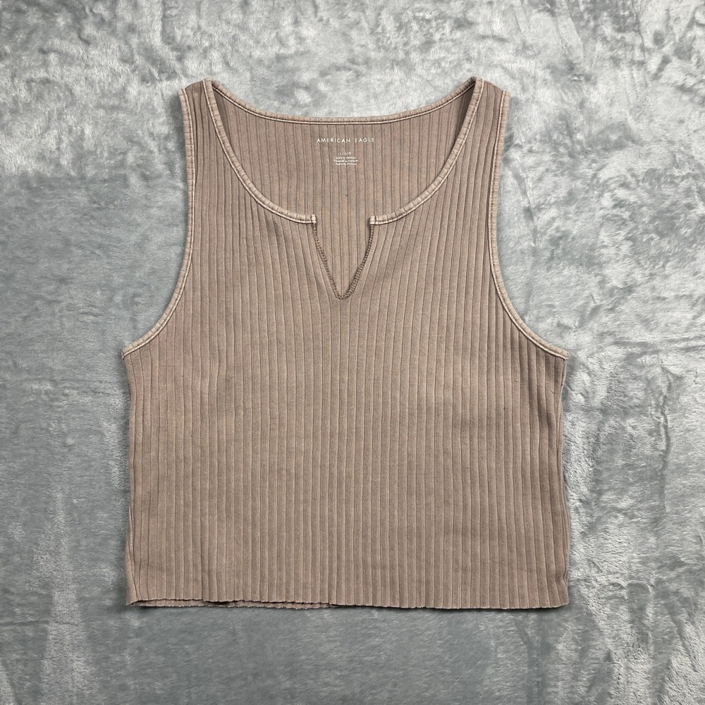 American‎ Eagle Womens Cropped Ribbed Notch Neck Tank Top Taupe Size L
